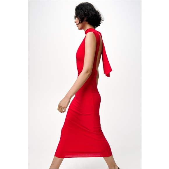 NWT Zara Woman Red Fluid Back Knot Dress Size L Large - Picture 2 of 10
